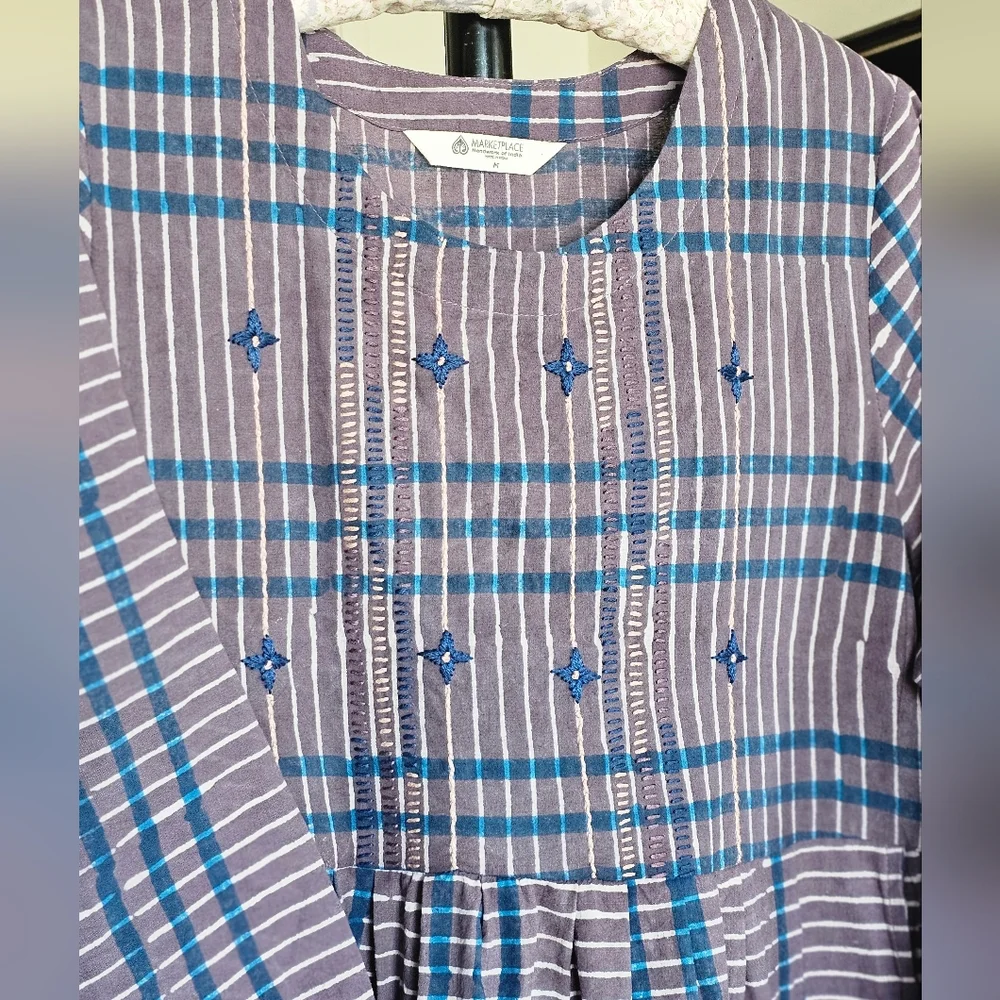 Marketplace Handwork Of India Indigo Striped Embroidered Cotton Maxi Dress - Picture 2 of 8